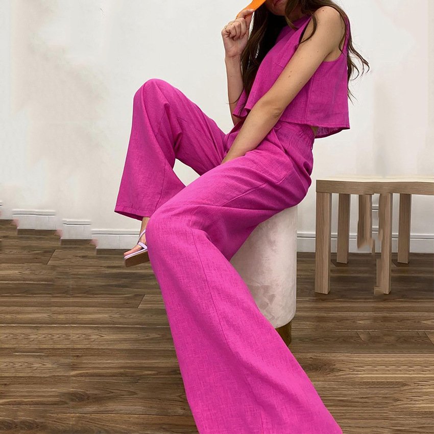 2023 summer new solid color sleeveless vest top flared pants two-piece fashion casual cotton linen wide leg pants women's sets