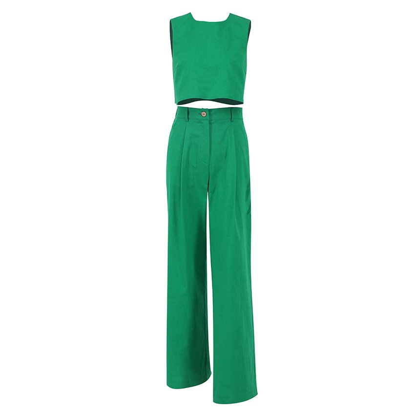 2023 summer new solid color sleeveless vest top flared pants two-piece fashion casual cotton linen wide leg pants women's sets