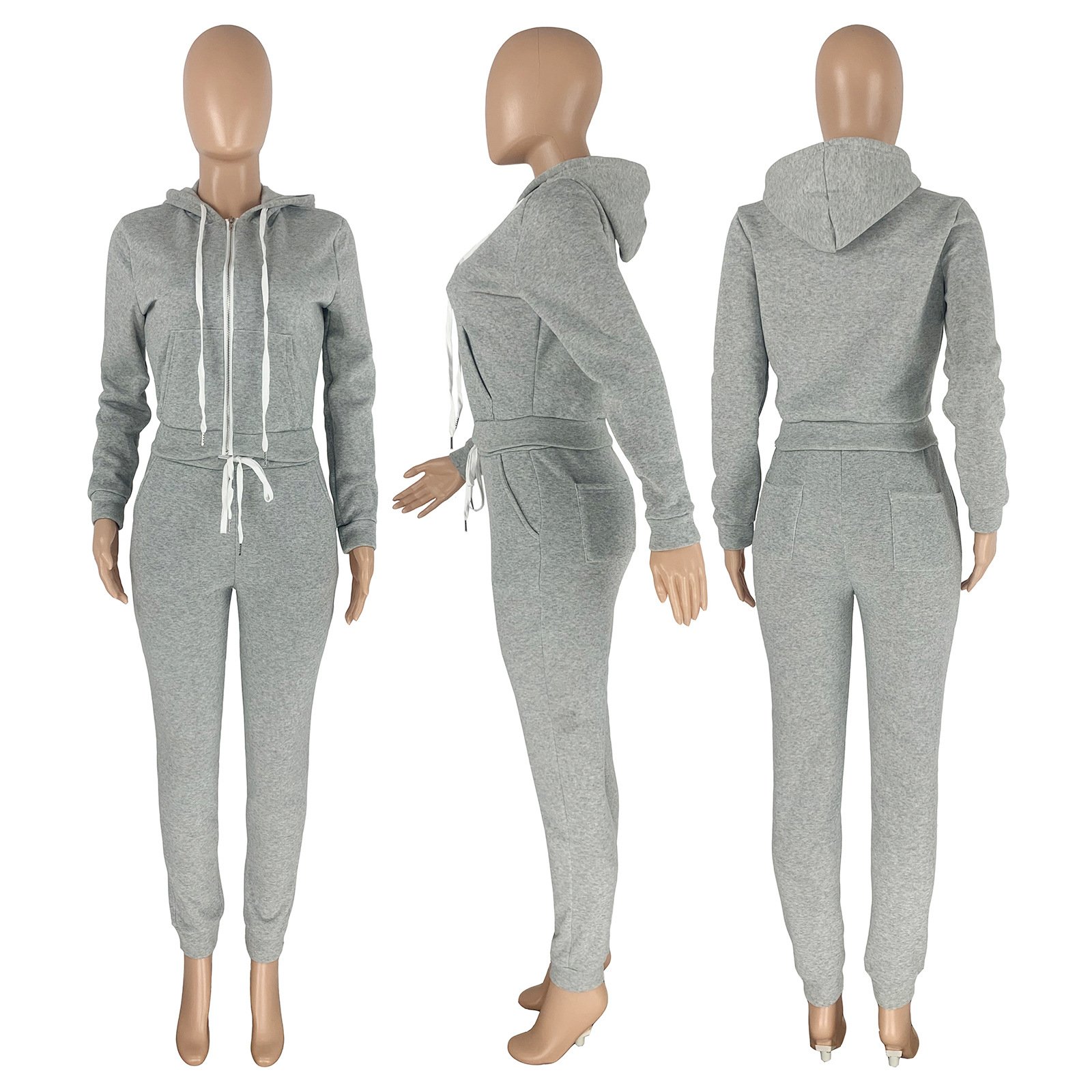 custom womens winter clothing 2021 zipper hoodie set cotton blended thick fleece Sweatsuit woman tracksuit two piece jogger Set