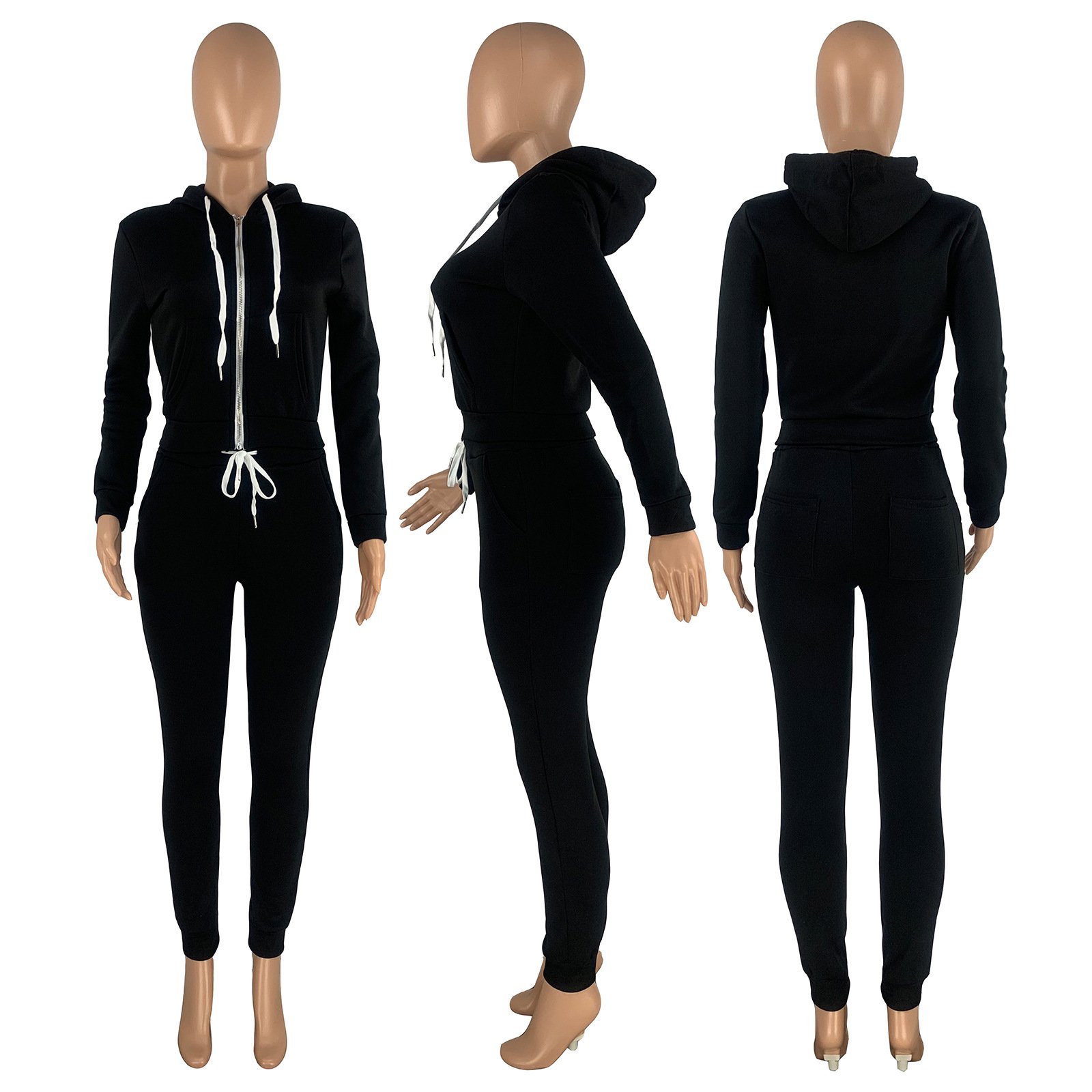 custom womens winter clothing 2021 zipper hoodie set cotton blended thick fleece Sweatsuit woman tracksuit two piece jogger Set