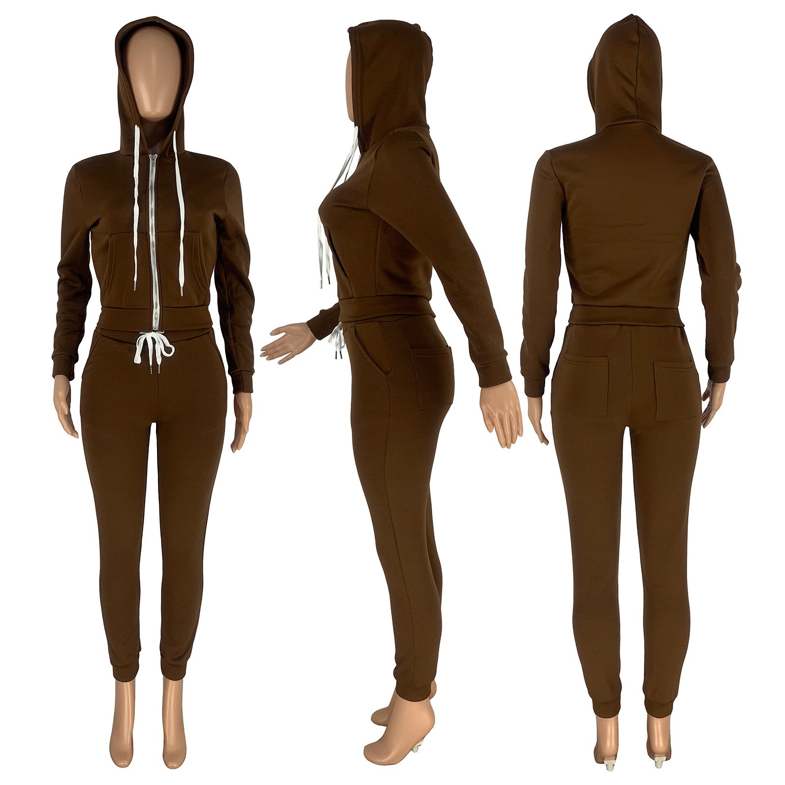 custom womens winter clothing 2021 zipper hoodie set cotton blended thick fleece Sweatsuit woman tracksuit two piece jogger Set