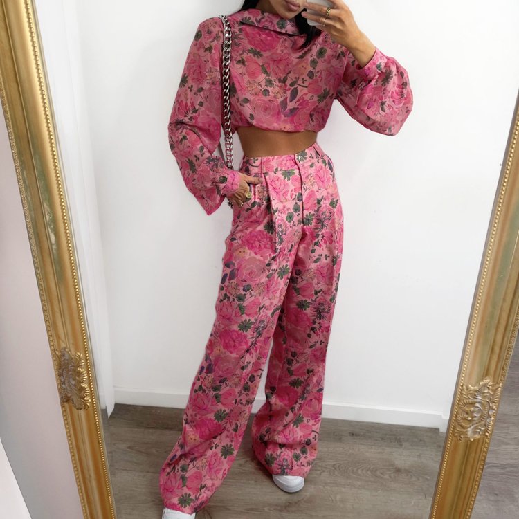 Allover Floral Shirt And Lining Pants Designer Fashion Outfit Fall 2024 Clothes Coords Two Piece Set Women Clothing Women's Sets
