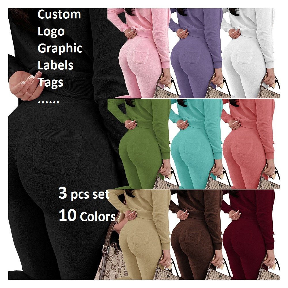 Custom 2022 Fall Terry Towel 2 Piece Set Women Long Sleeve Hoodie Track Top And Pant Set Active Tracksuit Three Piece Set Outfit