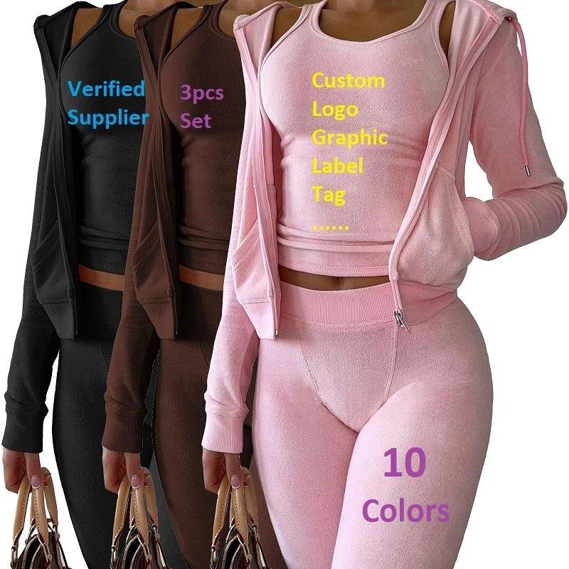Custom 2022 Fall Terry Towel 2 Piece Set Women Long Sleeve Hoodie Track Top And Pant Set Active Tracksuit Three Piece Set Outfit
