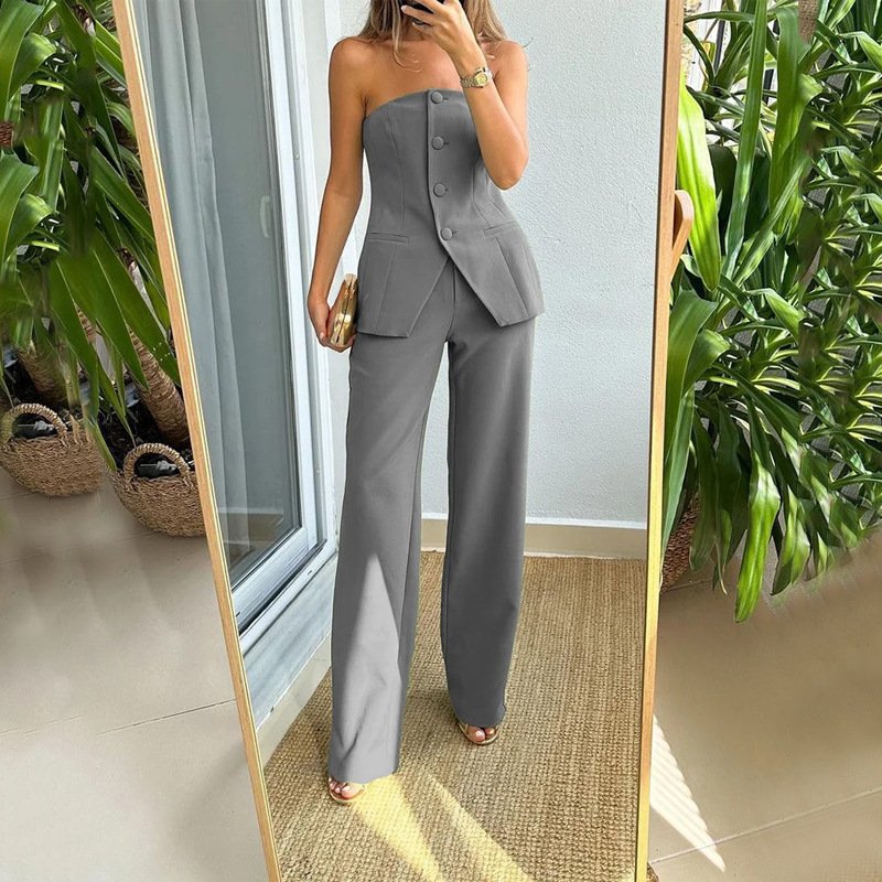 Elegant Women 2024 Summer New Style Off-shoulder Slim Fit Button Top Wide Leg Pants Two Piece Set