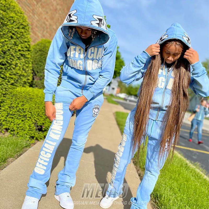 Custom Distressed Acid Wash Full Zip Up 2 Piece Hoodie Jogging Suits Embroidery Stacked Flare Sweatpants And Hoodie Women Set