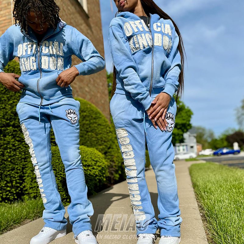 Custom Distressed Acid Wash Full Zip Up 2 Piece Hoodie Jogging Suits Embroidery Stacked Flare Sweatpants And Hoodie Women Set