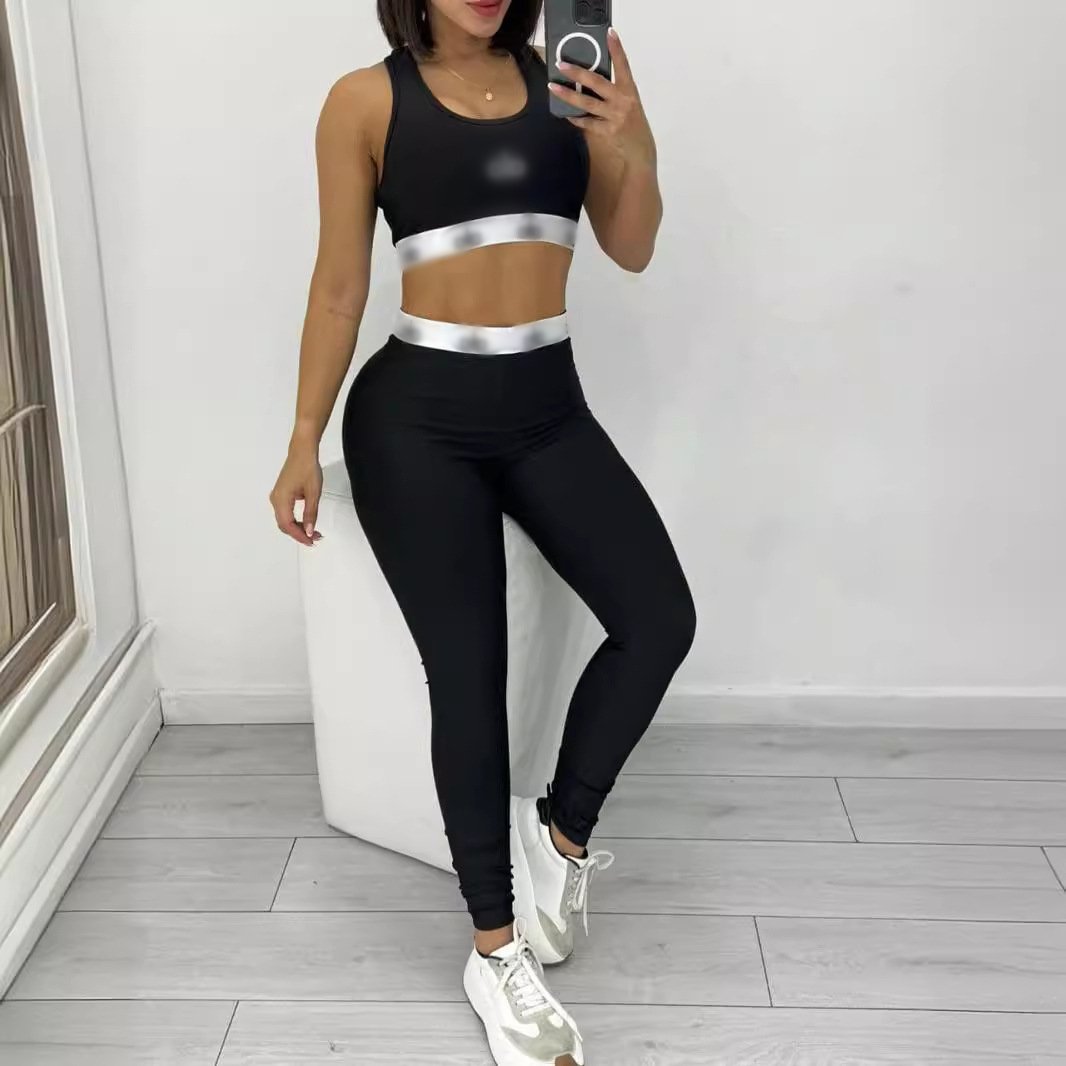 Wholesale designer clothing crop tank top 2 pieces gym set fitness yoga black embroidered two piece pants sets women
