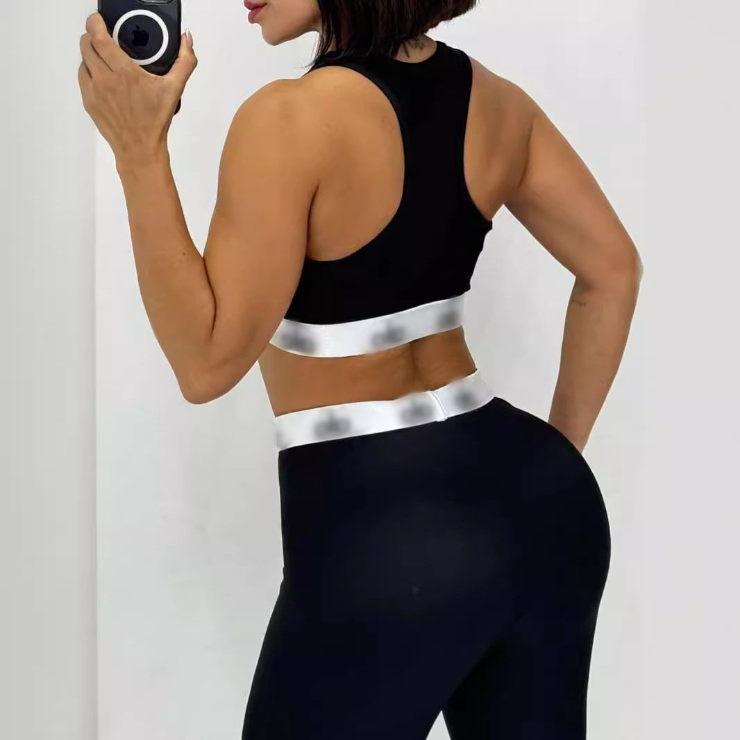 Wholesale designer clothing crop tank top 2 pieces gym set fitness yoga black embroidered two piece pants sets women