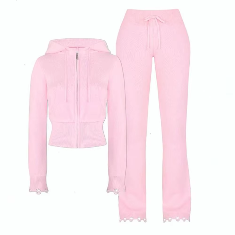 Fall Women's Sweater Set 100% Cotton Custom Crop Top Zip Up Hoodie Distressed Stacked Pants Knitted Two Piece Set Women