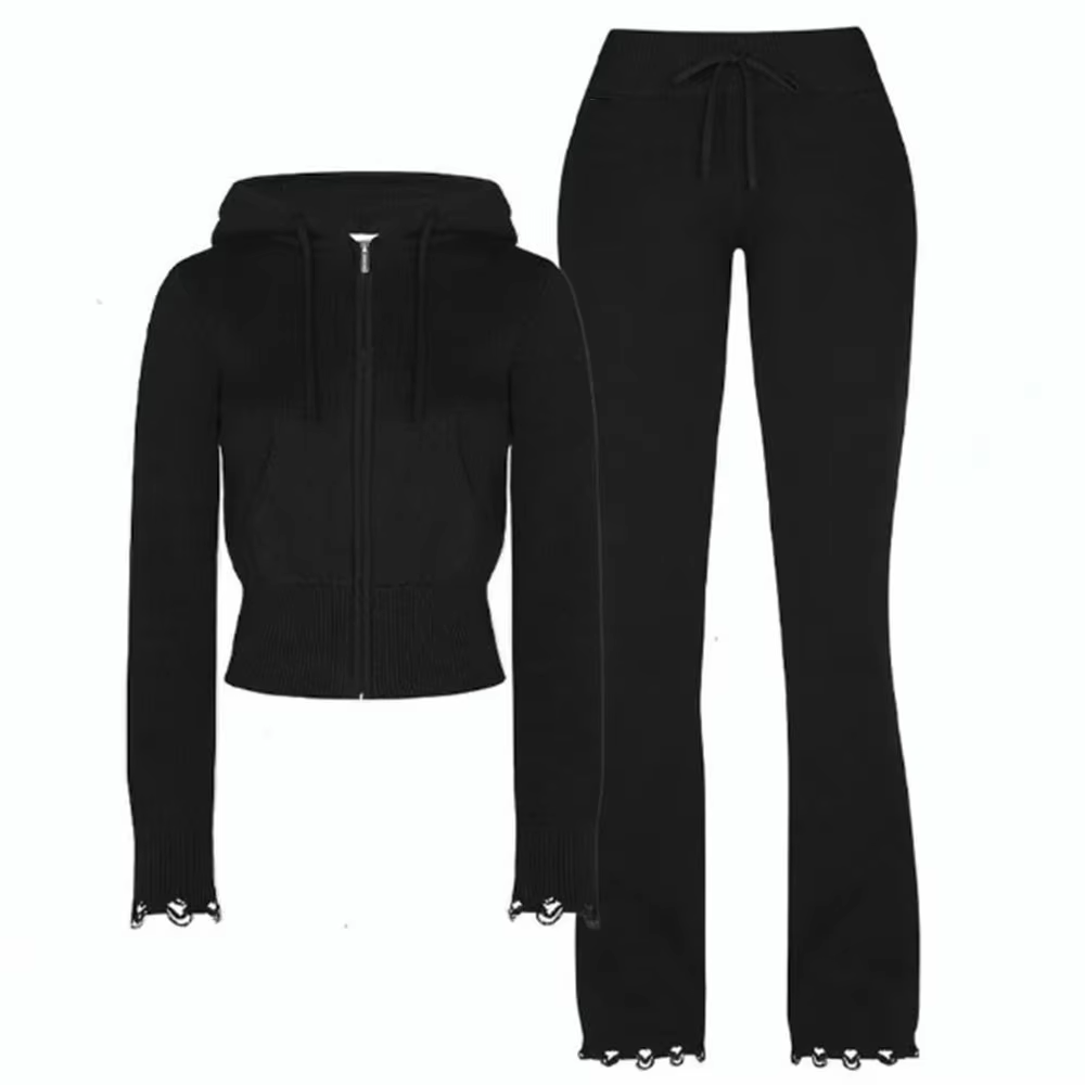 Fall Women's Sweater Set 100% Cotton Custom Crop Top Zip Up Hoodie Distressed Stacked Pants Knitted Two Piece Set Women