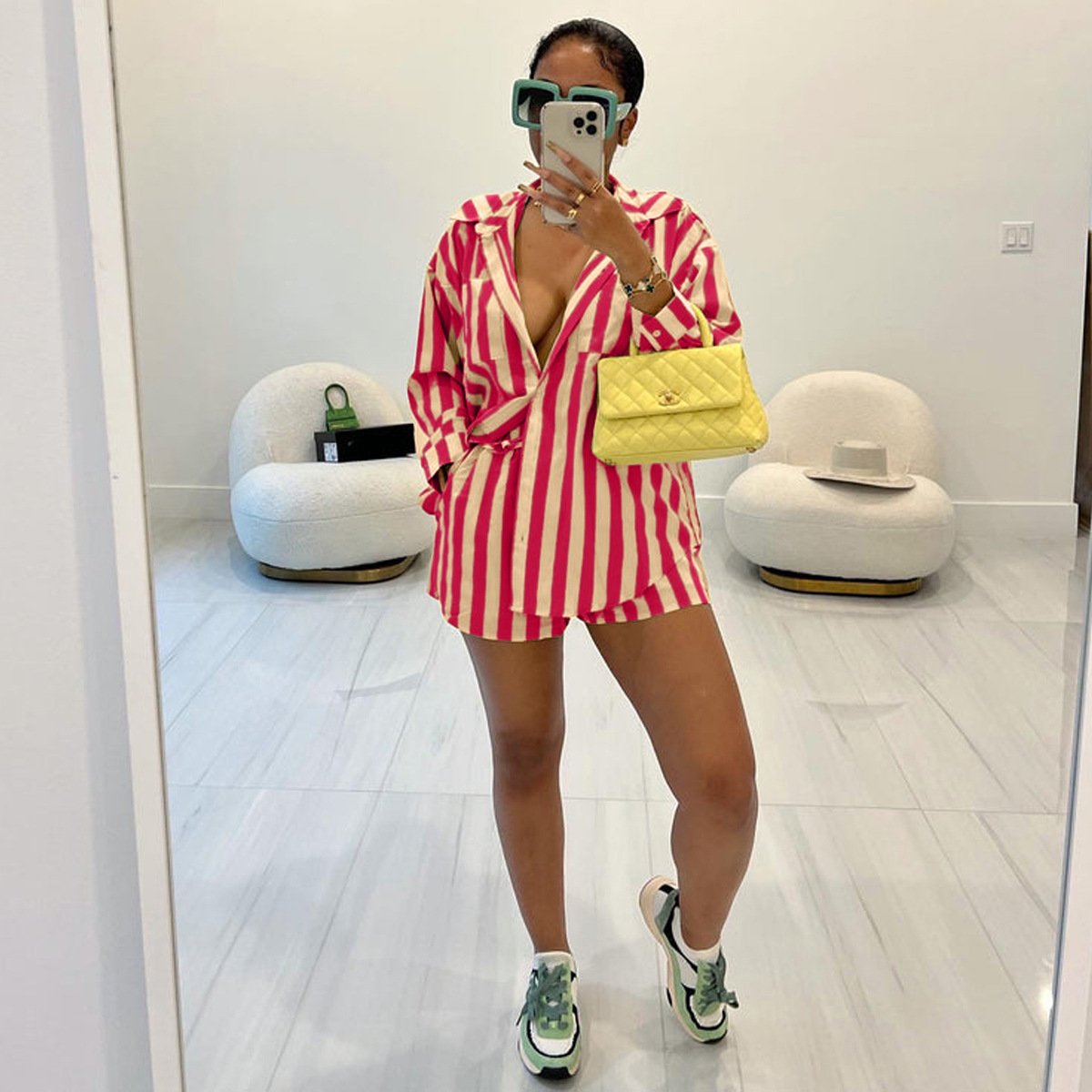Ready to ship S-2XL fall 2024 women clothes shorts set striped print women's sets