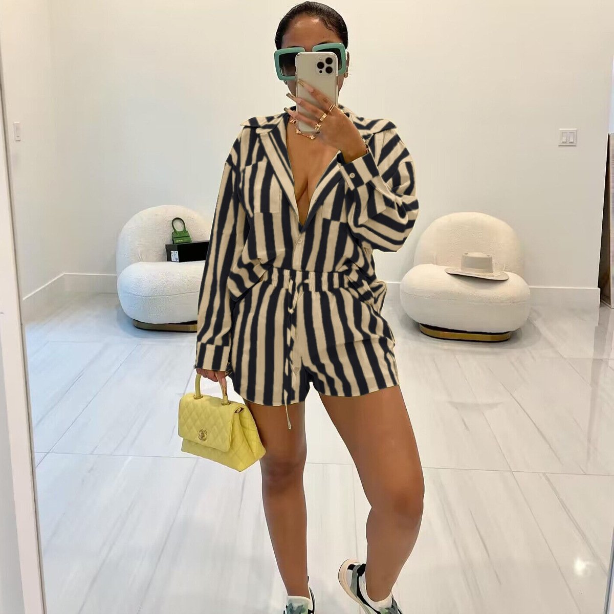 Ready to ship S-2XL fall 2024 women clothes shorts set striped print women's sets