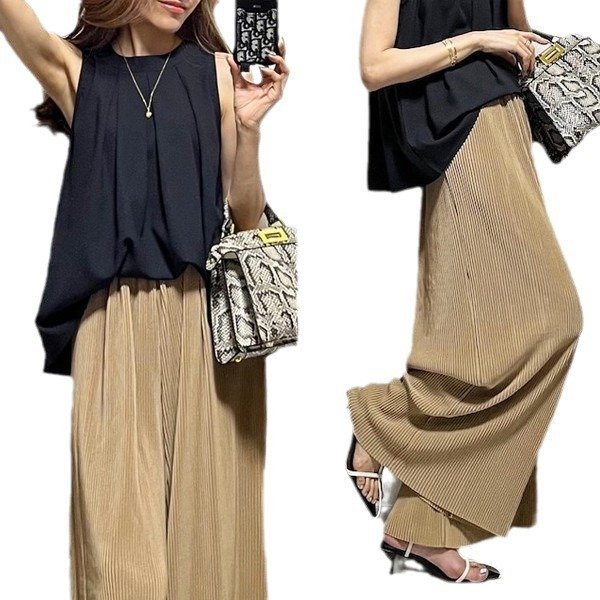 Boutique Wholesale 2024 Summer New Round Neck Sleeveless Loose Fitting Shirt Wide Leg Pants Women's Set