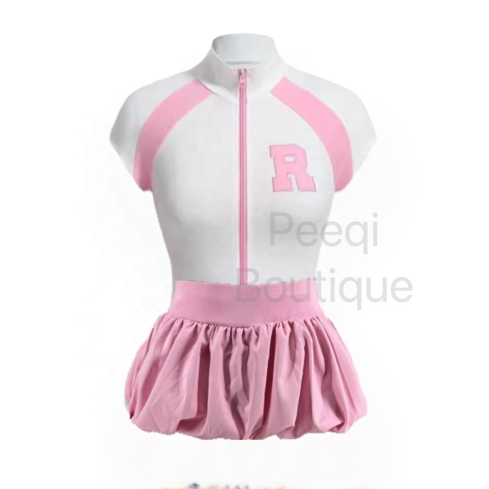 Peeqi letter print baseball jacket crop tops and bubble mini skirt casual elegant streetwear loungewear 2 piece women's set