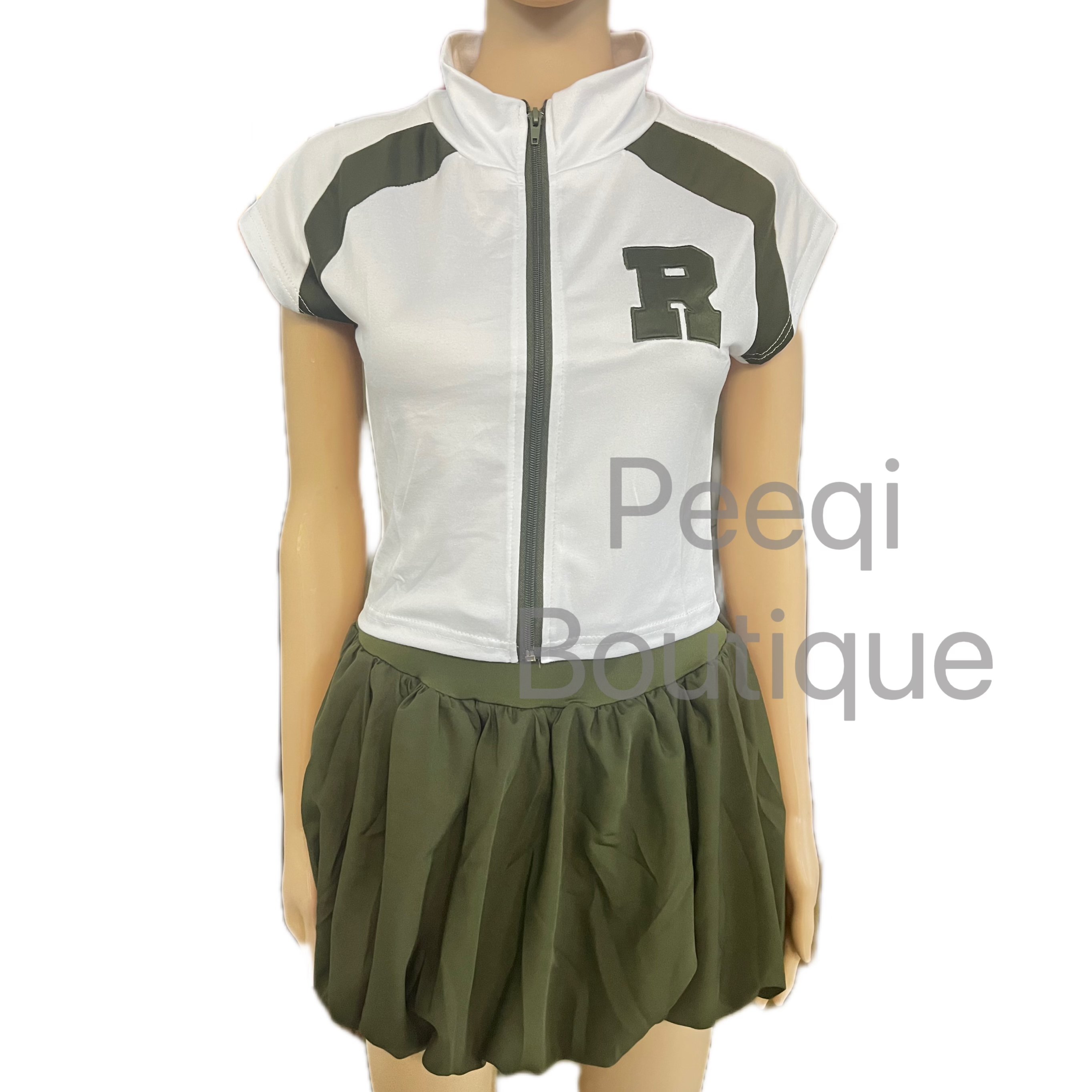 Peeqi letter print baseball jacket crop tops and bubble mini skirt casual elegant streetwear loungewear 2 piece women's set