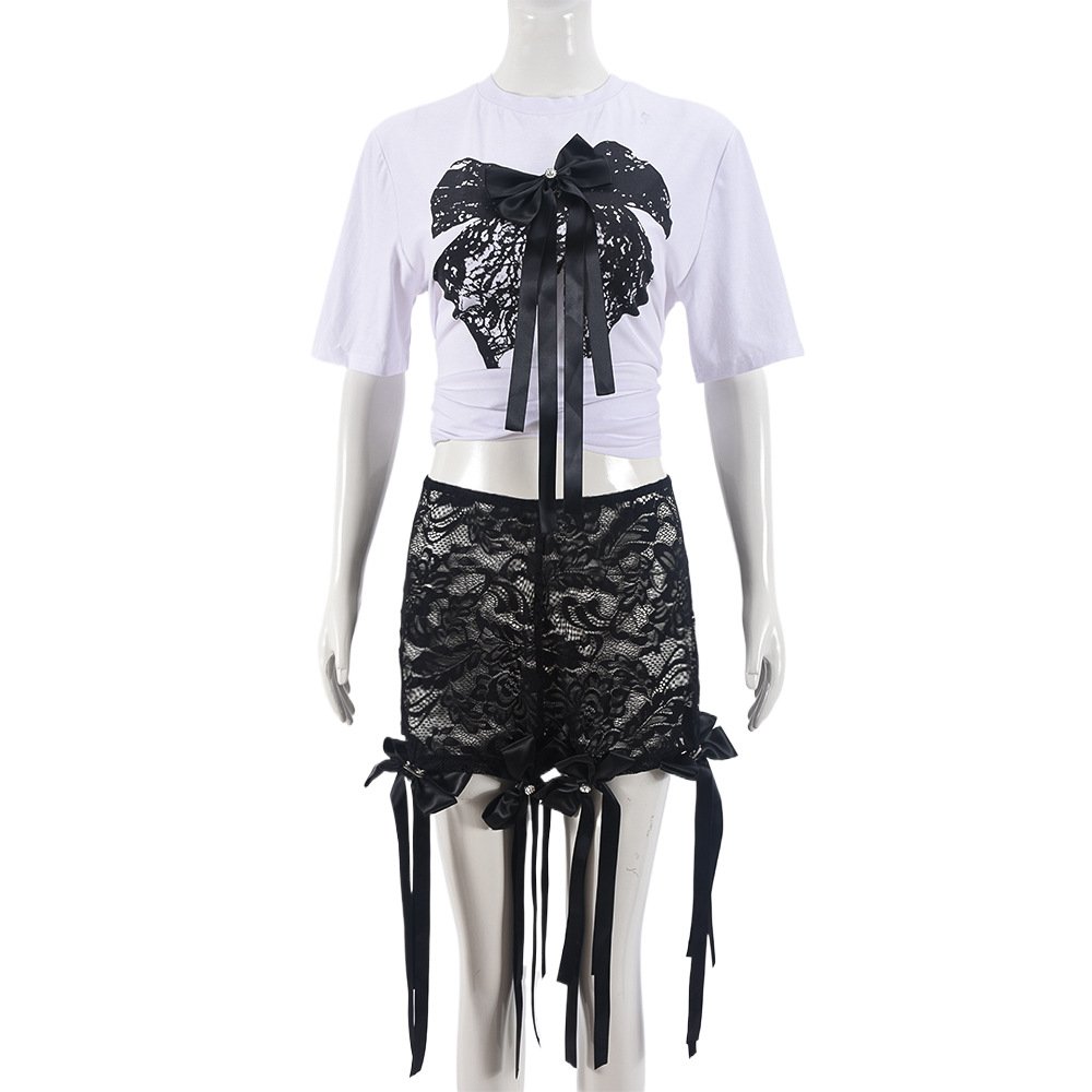 New Sexy Casual Summer Women 2 Piece Crop Top Shirt Lace Biker Short Patchwork Ribbon Women Two Piece Short Set Women's Sets