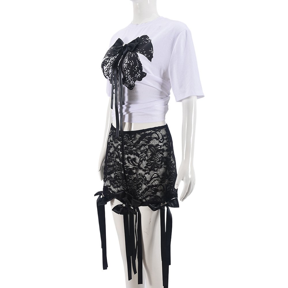 New Sexy Casual Summer Women 2 Piece Crop Top Shirt Lace Biker Short Patchwork Ribbon Women Two Piece Short Set Women's Sets