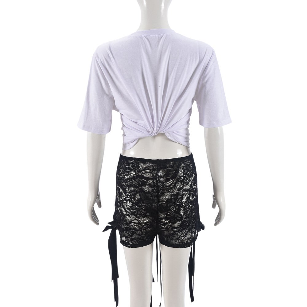 New Sexy Casual Summer Women 2 Piece Crop Top Shirt Lace Biker Short Patchwork Ribbon Women Two Piece Short Set Women's Sets
