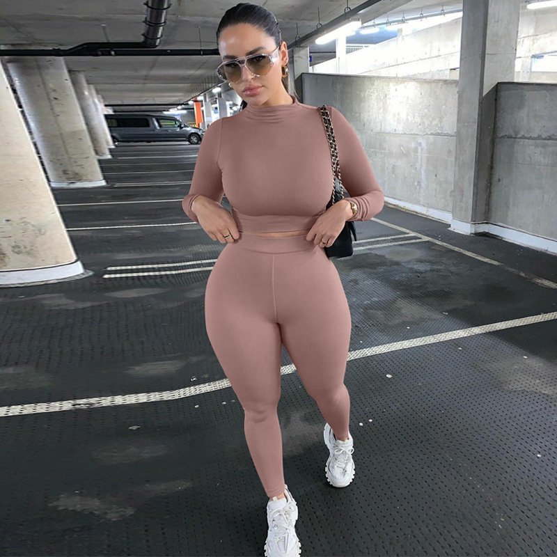 Plus size women 2 piece pants set clothing women's sets sexy crop long sleeve solid crew neck tops sweat suit private label