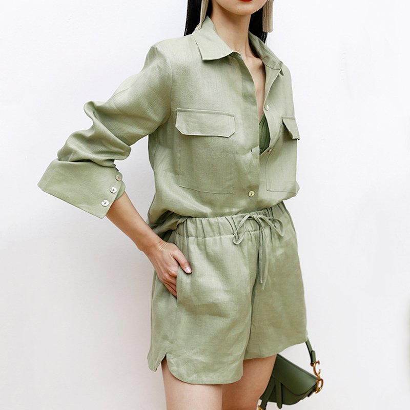 Custom High Quality 100% Cotton Linen Breathable Long Sleeve Shirt Shorts Two Pieces Sets Women's Summer Sets Elegant