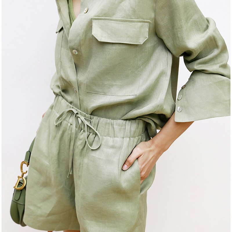 Custom High Quality 100% Cotton Linen Breathable Long Sleeve Shirt Shorts Two Pieces Sets Women's Summer Sets Elegant