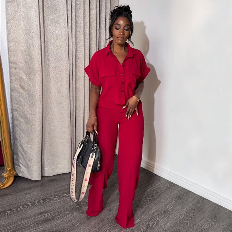 women clothes ladies casual solid color lapel short sleeve shirt crop top wide leg trousers pants fashion two piece women's sets