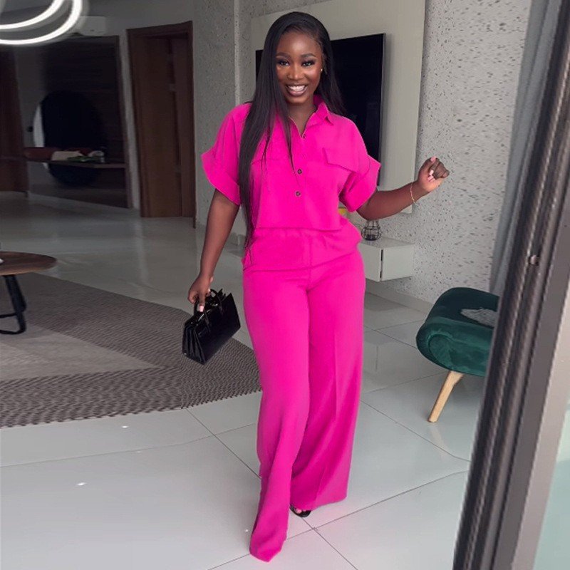 women clothes ladies casual solid color lapel short sleeve shirt crop top wide leg trousers pants fashion two piece women's sets