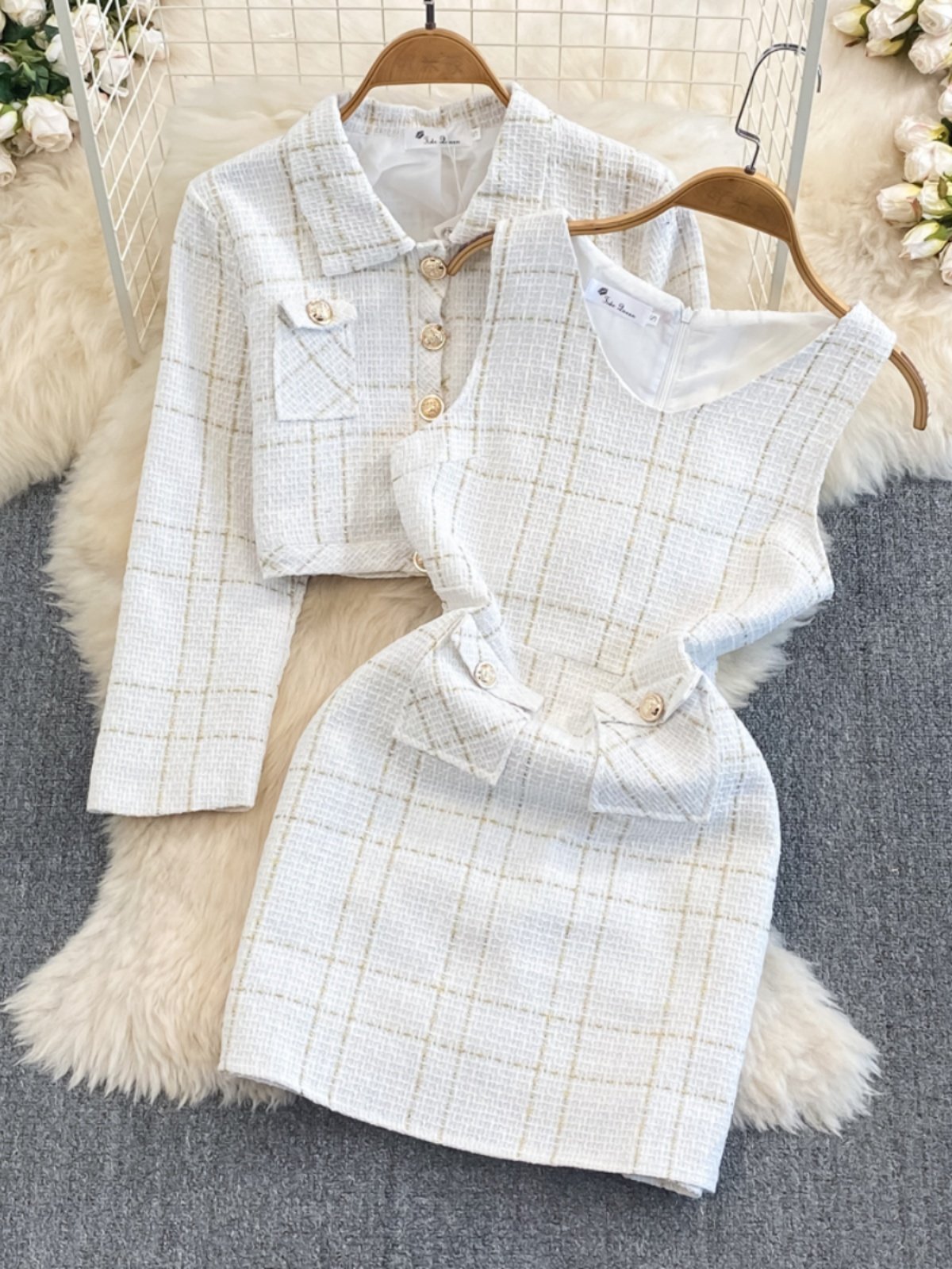 Boutique Wholesale 2024 Autumn New Fashion Style Long Sleeved Jacket Waist Cinched Vest Dress Women's Sets