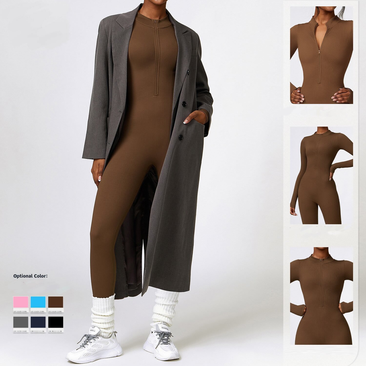 2024 Custom Logo Women's One Piece Jumpsuit Long Sleeves Trendy Outfits Bodysuit Fleece Fitness Half-zip Ribbed Romper yoga set