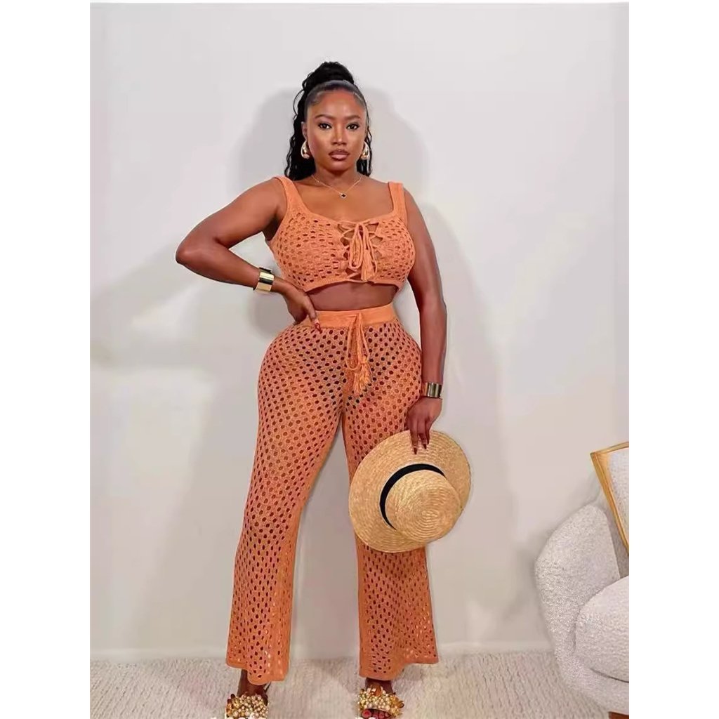 ZHEZHE 2024 Summer Beachwear Hollow Out Two Piece Pants Set Solid Color Tied Up Tank Tops And Knitted Pants Sexy Women's Set