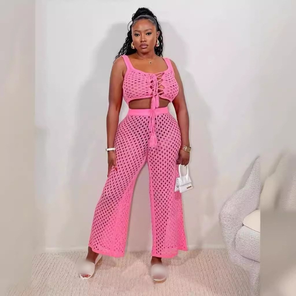 ZHEZHE 2024 Summer Beachwear Hollow Out Two Piece Pants Set Solid Color Tied Up Tank Tops And Knitted Pants Sexy Women's Set