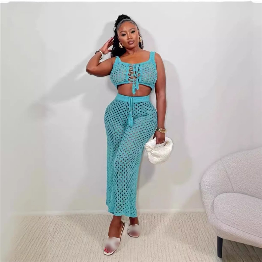 ZHEZHE 2024 Summer Beachwear Hollow Out Two Piece Pants Set Solid Color Tied Up Tank Tops And Knitted Pants Sexy Women's Set