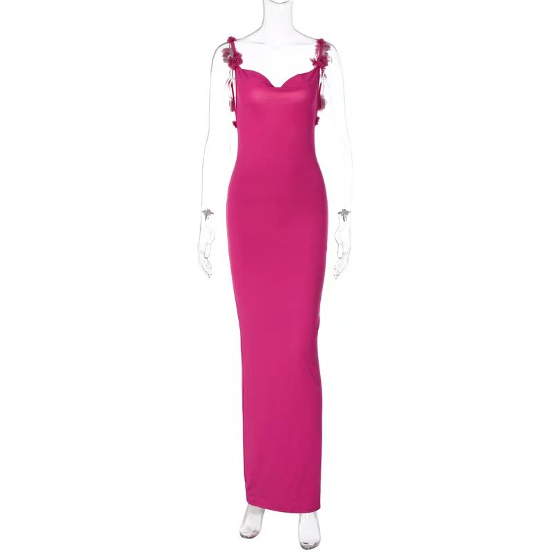 New Women's Elegant Solid Bodycon Maxi Dress O-Neck Three-Dimensional Flower Decoration Backless Design Sexy Party Club Wear