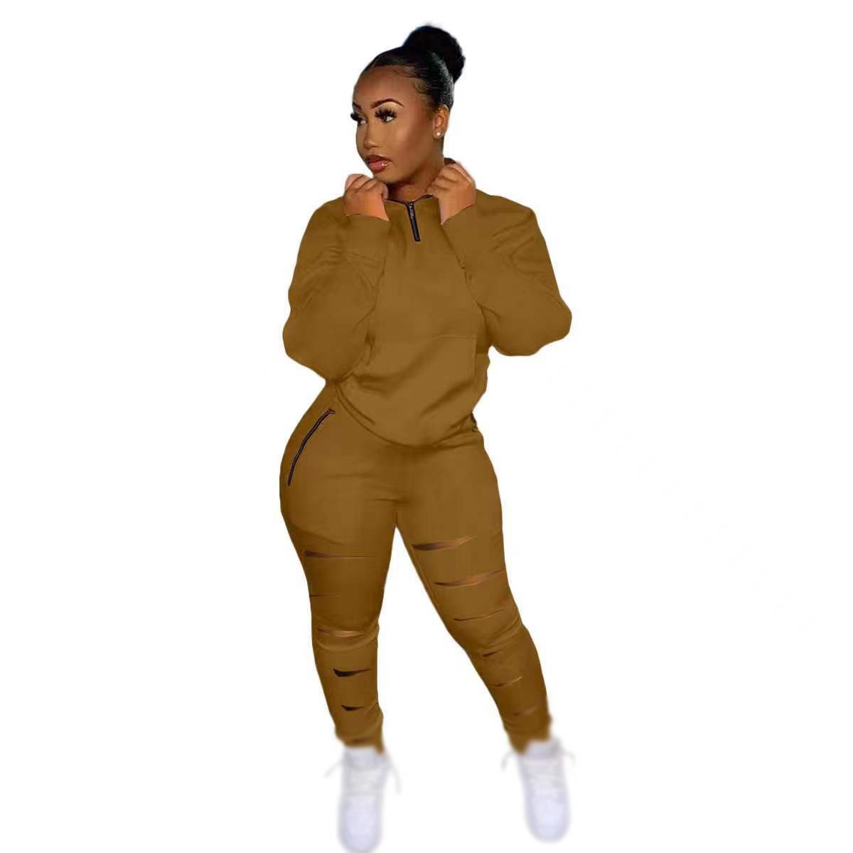 Conyson High Quality Autumn Clothes Ture-down Collar OverSize Solid Outfit Zipper Pockets Hole Pant Bodycon Casual Two Piece Set