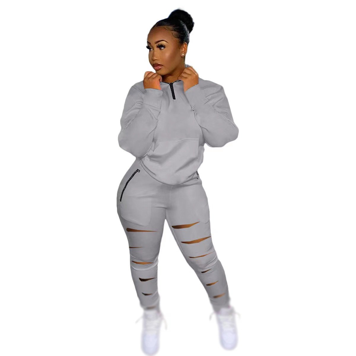 Conyson High Quality Autumn Clothes Ture-down Collar OverSize Solid Outfit Zipper Pockets Hole Pant Bodycon Casual Two Piece Set