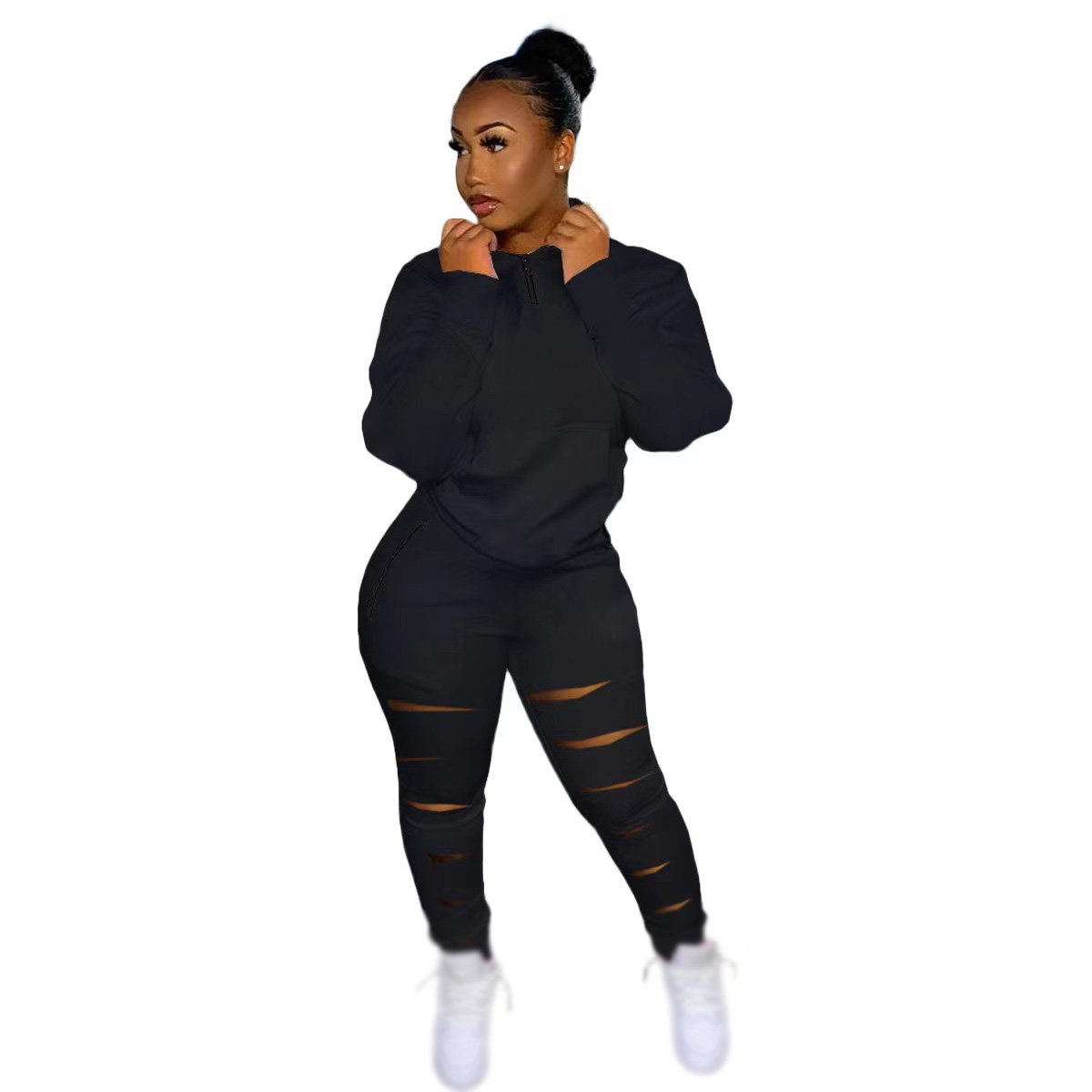 Conyson High Quality Autumn Clothes Ture-down Collar OverSize Solid Outfit Zipper Pockets Hole Pant Bodycon Casual Two Piece Set