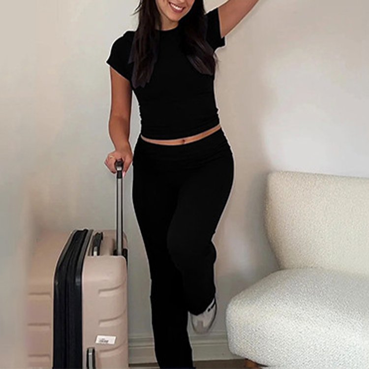 Women 2024 Spring New Casual Homewear Short Sleeve Top Solid Flared Pants Smooth Two-Piece Skinny Slim Solid Loungewear