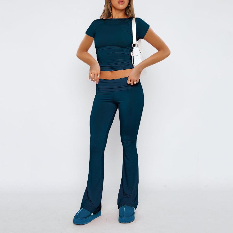 Women 2024 Spring New Casual Homewear Short Sleeve Top Solid Flared Pants Smooth Two-Piece Skinny Slim Solid Loungewear