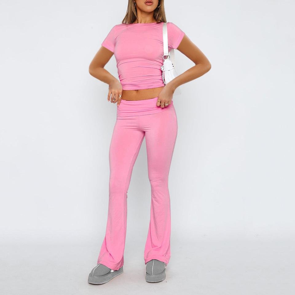 Women 2024 Spring New Casual Homewear Short Sleeve Top Solid Flared Pants Smooth Two-Piece Skinny Slim Solid Loungewear