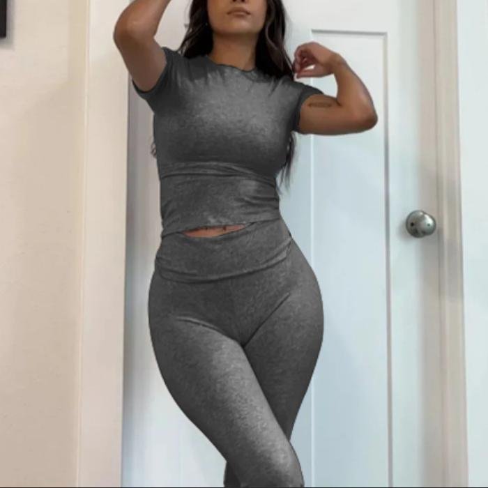 Women 2024 Spring New Casual Homewear Short Sleeve Top Solid Flared Pants Smooth Two-Piece Skinny Slim Solid Loungewear