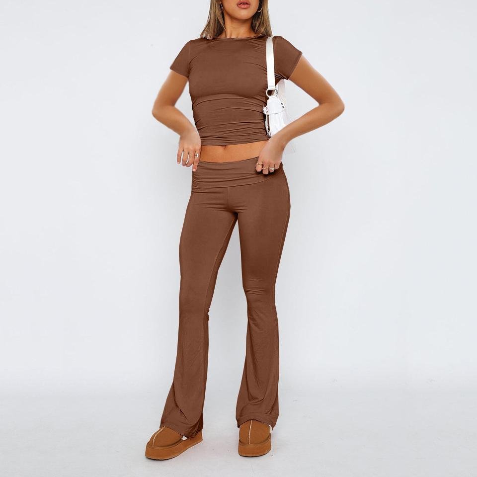 Women 2024 Spring New Casual Homewear Short Sleeve Top Solid Flared Pants Smooth Two-Piece Skinny Slim Solid Loungewear