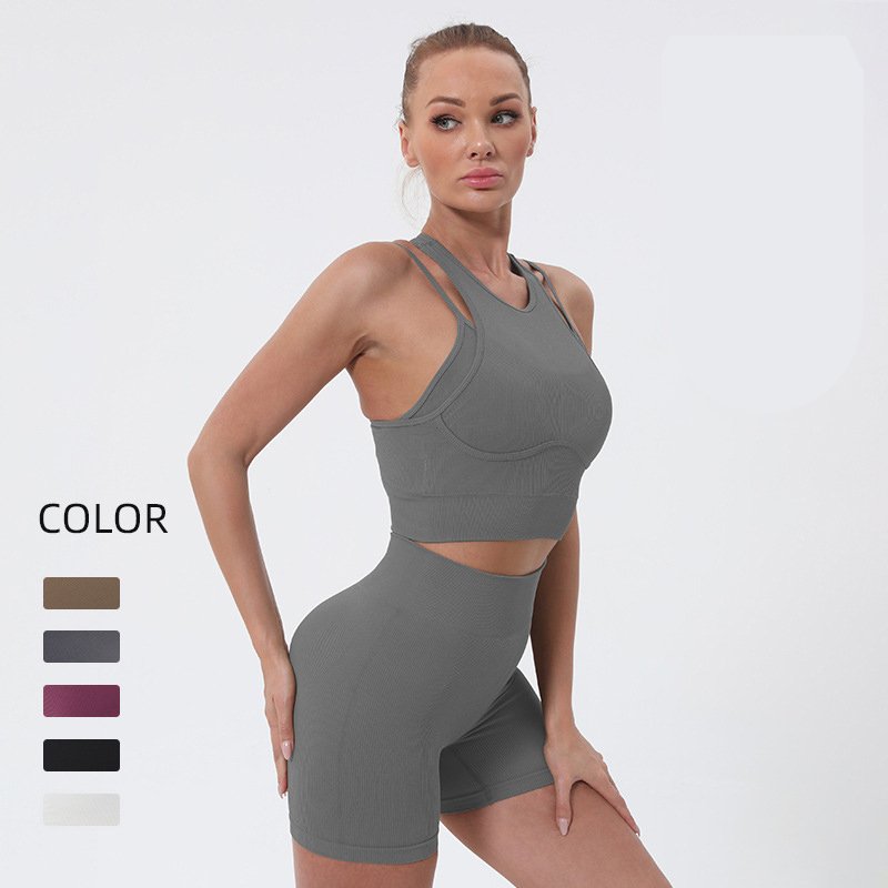 Custom Spandex Fabric Biker Yoga Outfit Women Fitness Shorts set Plus Size Ribbed Seamless Gym Yoga Sets For Women