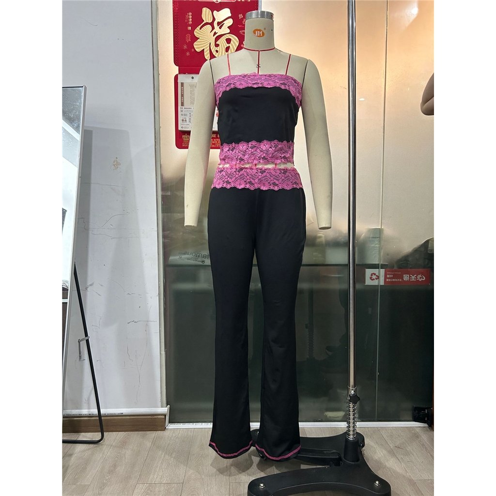Fashion Casual Lady Sexy 2 Two Piece Sleeveless Color Block Patchwork Lace Crop Top Vest Flare Pant Set Hollow Out Women's Sets