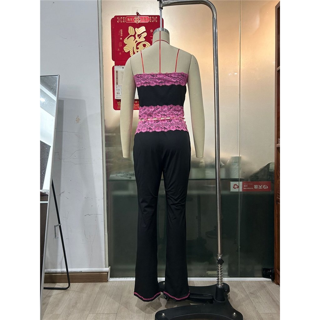 Fashion Casual Lady Sexy 2 Two Piece Sleeveless Color Block Patchwork Lace Crop Top Vest Flare Pant Set Hollow Out Women's Sets