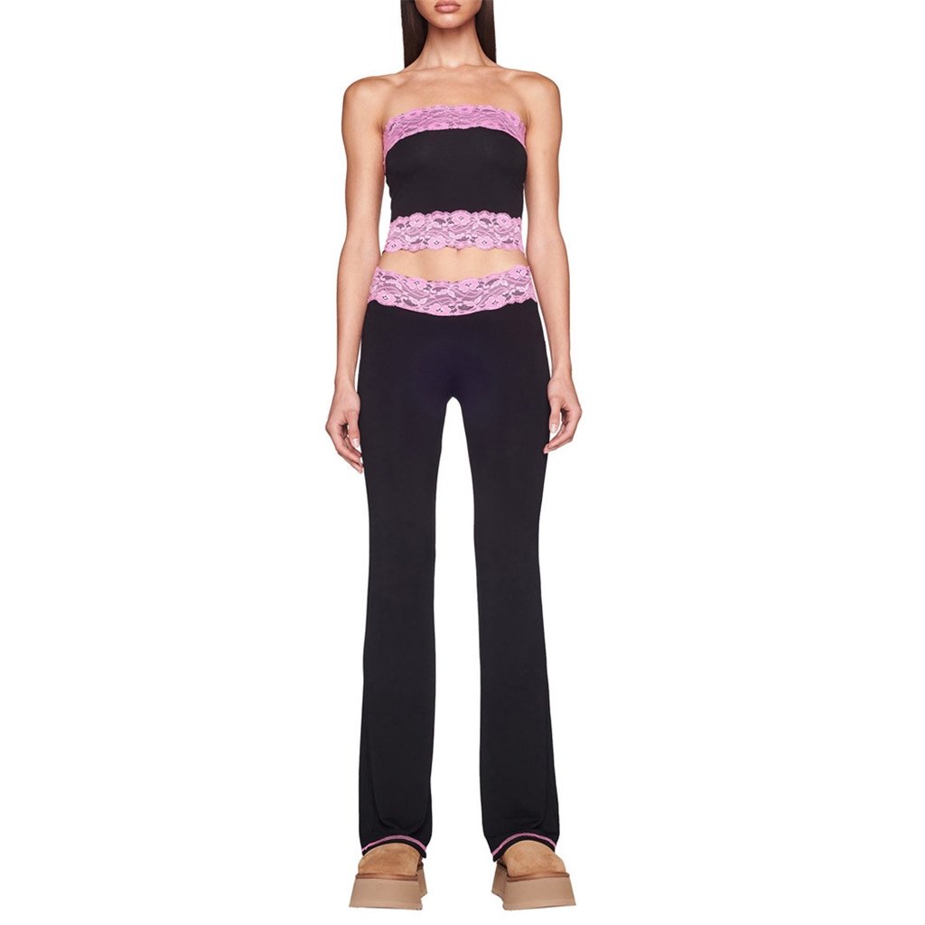 Fashion Casual Lady Sexy 2 Two Piece Sleeveless Color Block Patchwork Lace Crop Top Vest Flare Pant Set Hollow Out Women's Sets