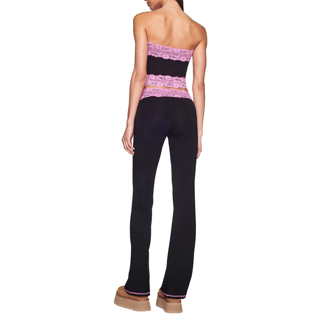 Fashion Casual Lady Sexy 2 Two Piece Sleeveless Color Block Patchwork Lace Crop Top Vest Flare Pant Set Hollow Out Women's Sets