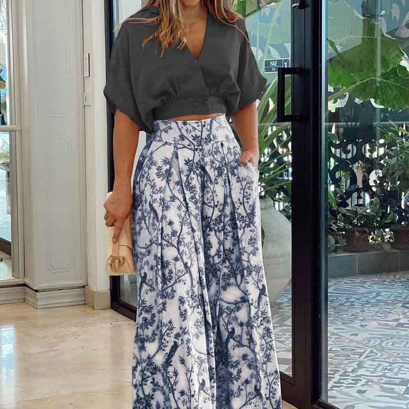 women clothes ladies casual solid color lapel long sleeve shirt crop top wide leg trousers pants fashion two piece women's sets