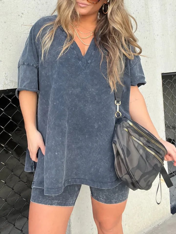 Women Plus Size Clothing 2 Pcs Washed Set Short Sleeve Cotton V Neck Lounge Set