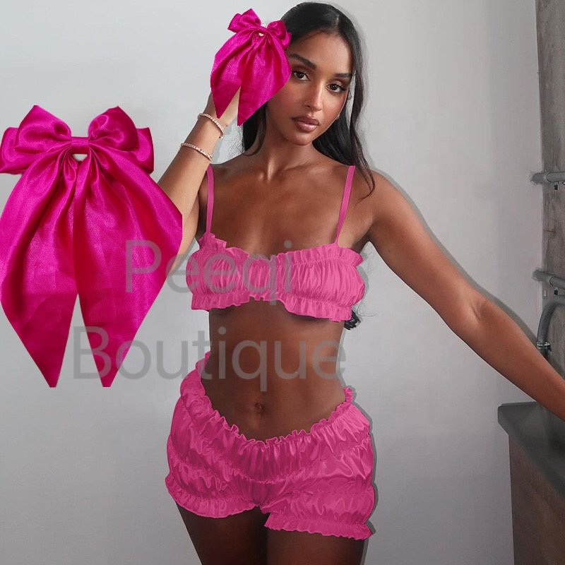 Peeqi S4516396A Summer new women's fashion suit two piece shorts set sexy halter top slim pleated shorts set women's outfit